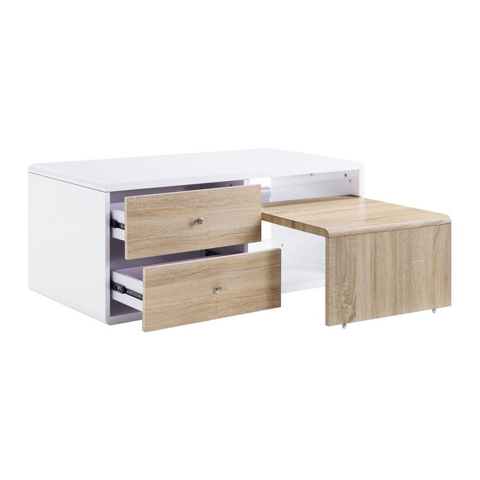 2 Drawer Contemporary Coffee Table with Pull Out Table, White and Brown