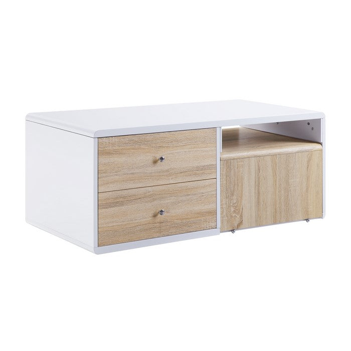 2 Drawer Contemporary Coffee Table with Pull Out Table, White and Brown