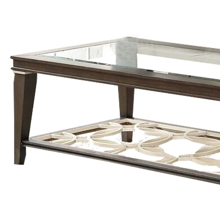 Rectangular Glass Top Coffee Table with Lattice design Bottom Shelf, Brown