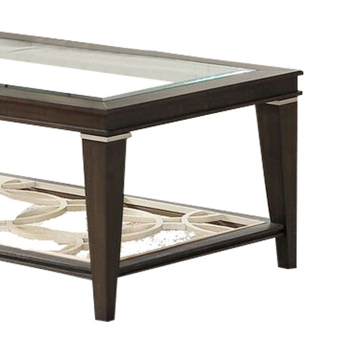 Rectangular Glass Top Coffee Table with Lattice design Bottom Shelf, Brown