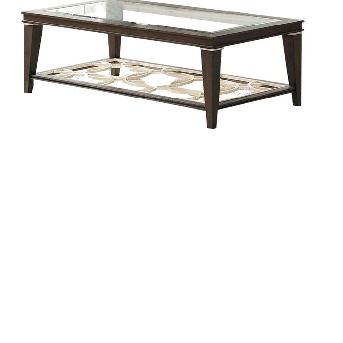 Rectangular Glass Top Coffee Table with Lattice design Bottom Shelf, Brown