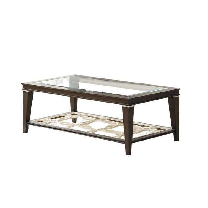 Rectangular Glass Top Coffee Table with Lattice design Bottom Shelf, Brown