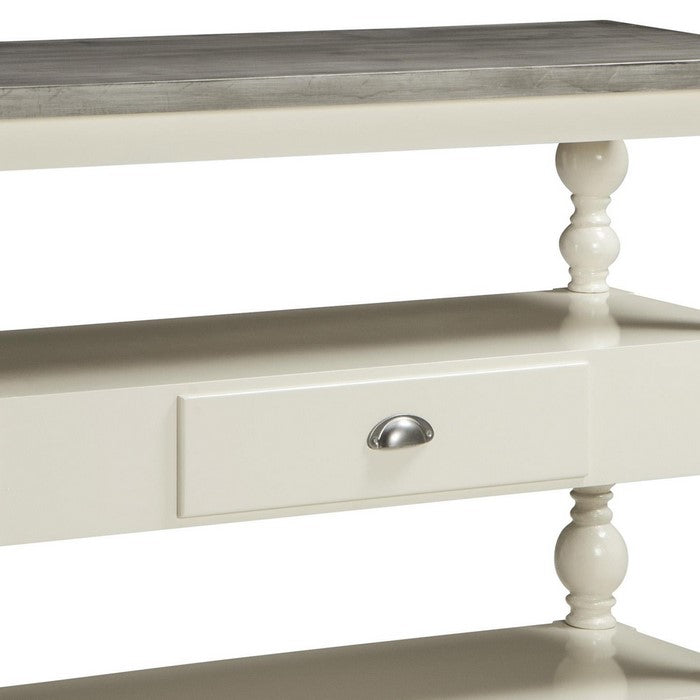1 Drawer and 2 Shelves Wooden Console Table with Aluminum Top,Gray and White