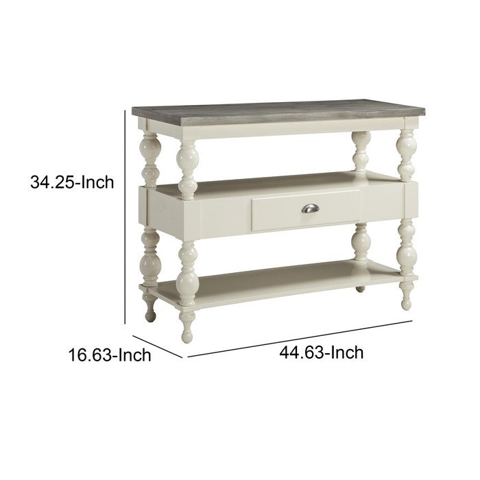 1 Drawer and 2 Shelves Wooden Console Table with Aluminum Top,Gray and White