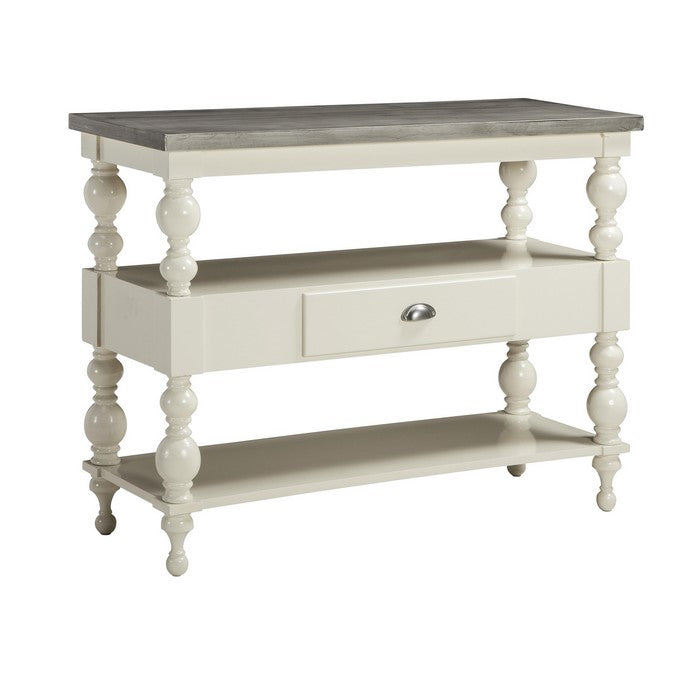 1 Drawer and 2 Shelves Wooden Console Table with Aluminum Top,Gray and White