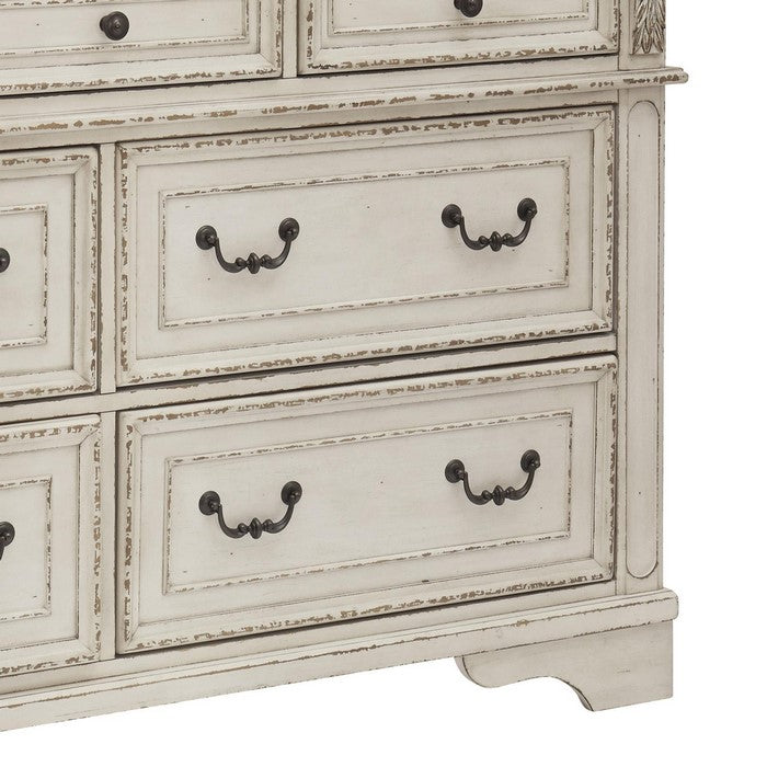 7 Drawer Wooden Molded Dresser with Bracket Feet, White and Brown