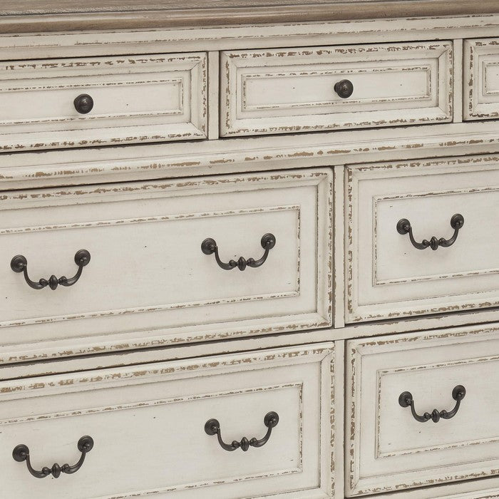 7 Drawer Wooden Molded Dresser with Bracket Feet, White and Brown