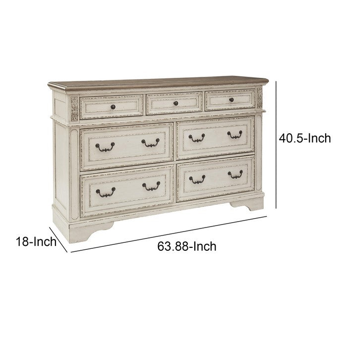 7 Drawer Wooden Molded Dresser with Bracket Feet, White and Brown