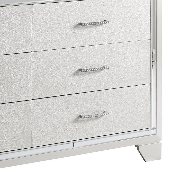 6 Drawer Wooden Dresser with Bracket Feet and Bar Handles, Silver