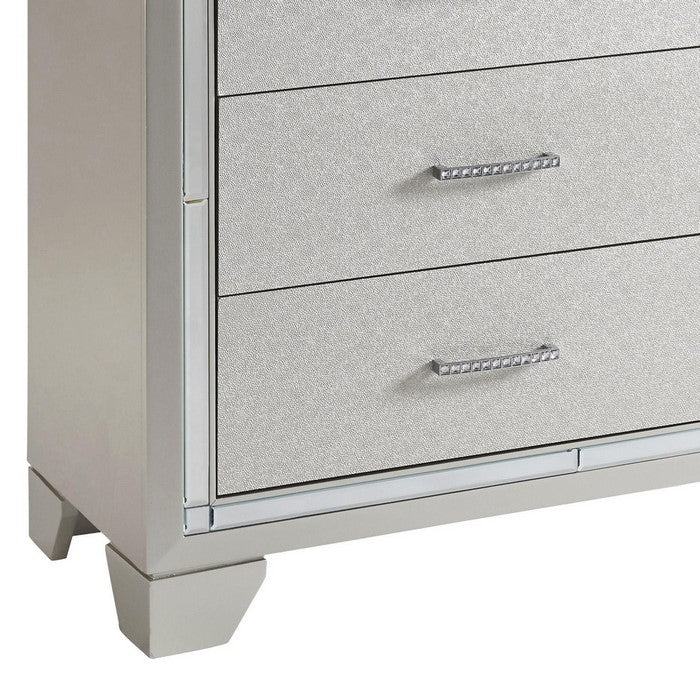 6 Drawer Wooden Dresser with Bracket Feet and Bar Handles, Silver