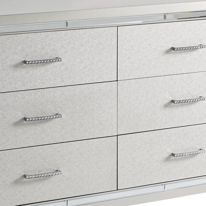 6 Drawer Wooden Dresser with Bracket Feet and Bar Handles, Silver