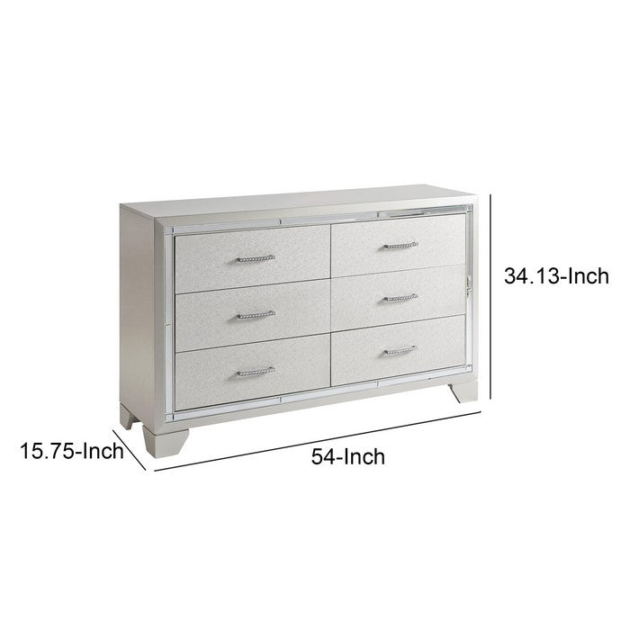 6 Drawer Wooden Dresser with Bracket Feet and Bar Handles, Silver