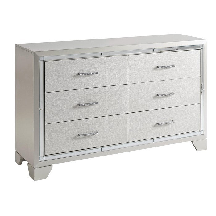 6 Drawer Wooden Dresser with Bracket Feet and Bar Handles, Silver