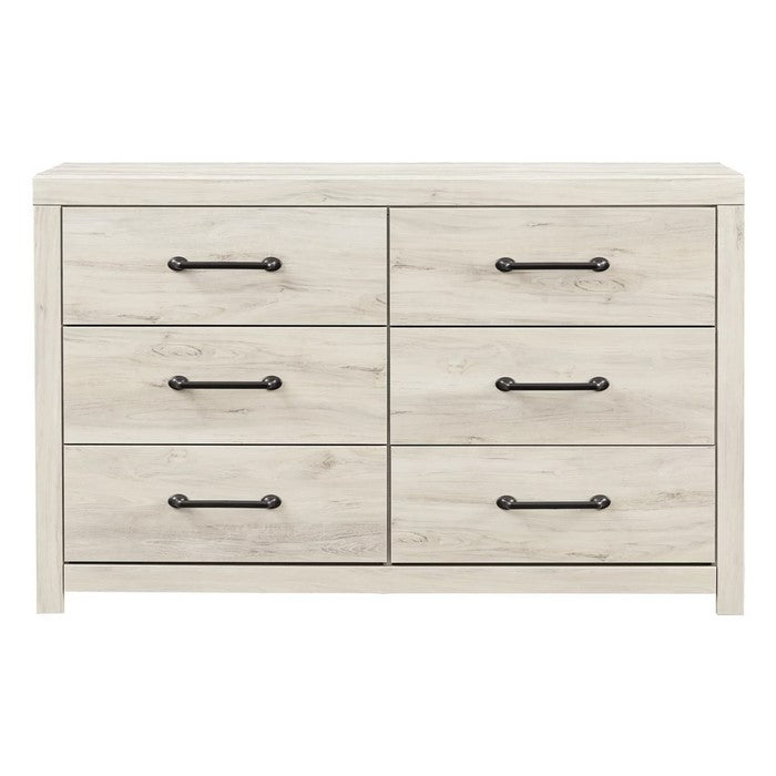 Grained Wooden Dresser with 6 Drawers and Bar Pull Handles, Antique White