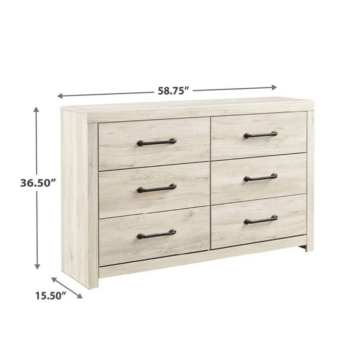 Grained Wooden Dresser with 6 Drawers and Bar Pull Handles, Antique White