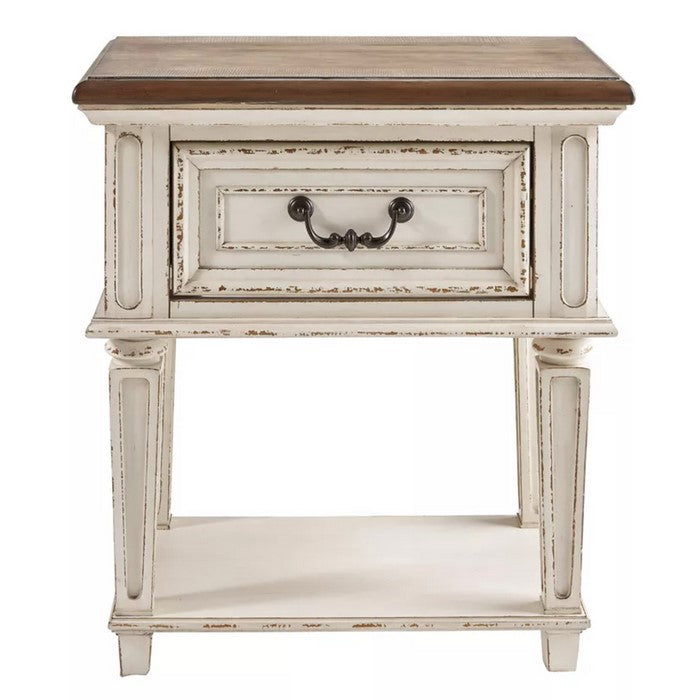 1 Drawer Wooden Frame Nightstand with Tapered Legs, Brown and Antique White