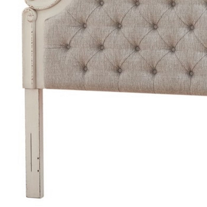 Scalloped California King Size Upholstered Headboard, White and Beige