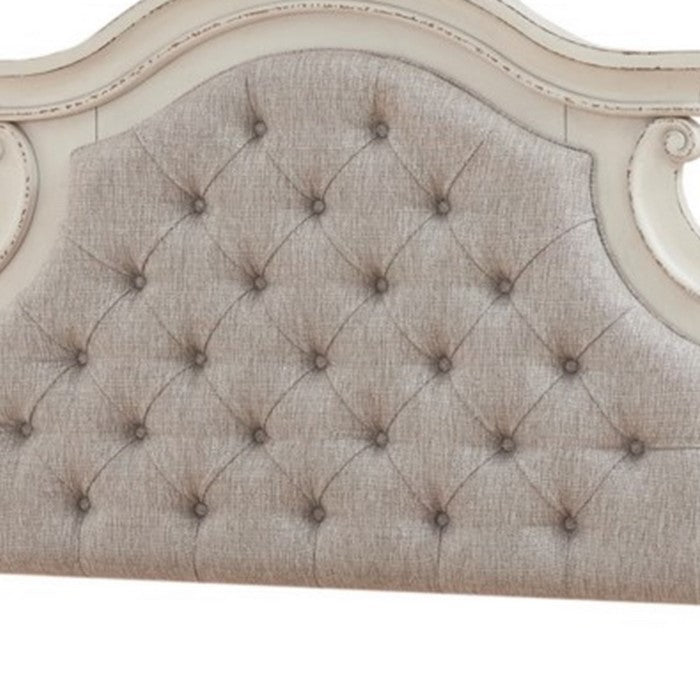 Scalloped California King Size Upholstered Headboard, White and Beige