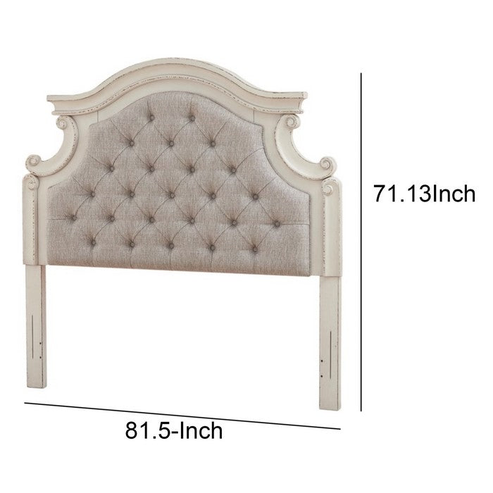 Scalloped California King Size Upholstered Headboard, White and Beige