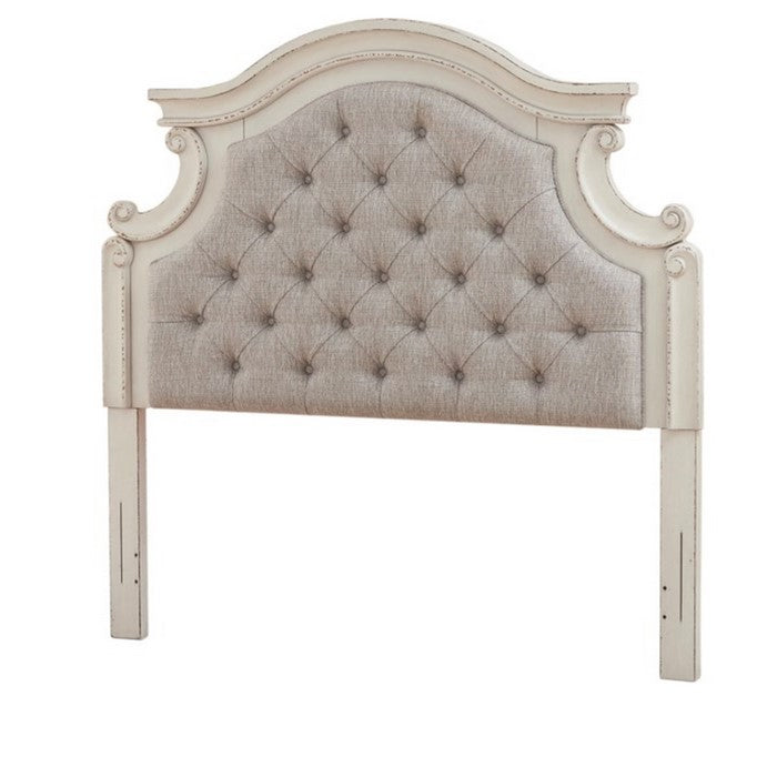 Scalloped California King Size Upholstered Headboard, White and Beige