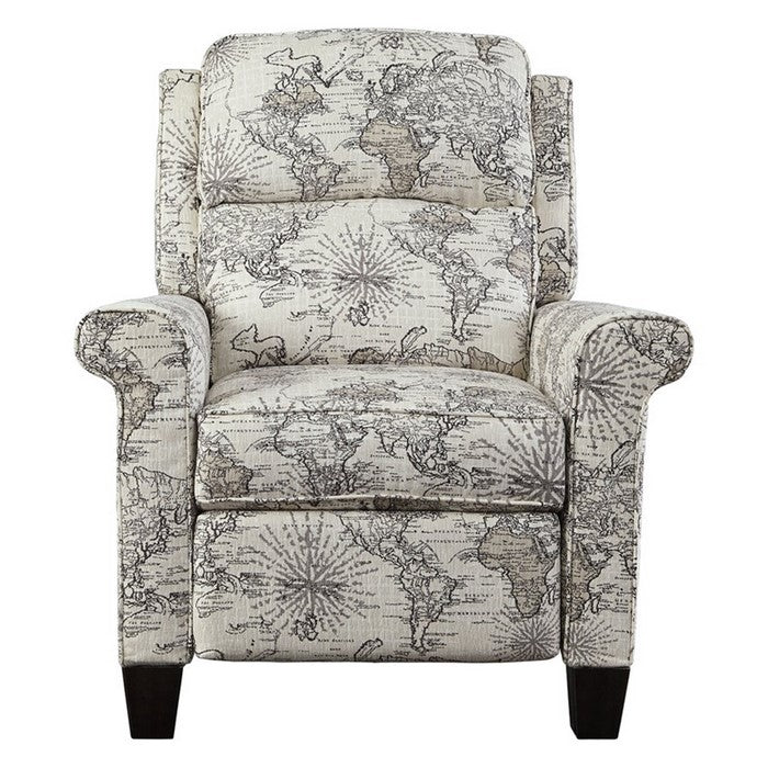 Upholstered Low Leg Power Recliner with World Map Print, White and Gray