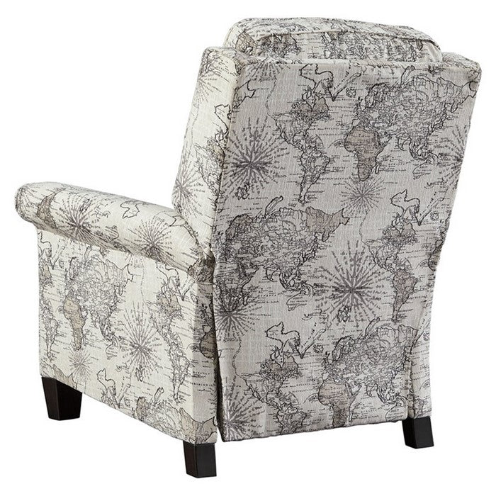 Upholstered Low Leg Power Recliner with World Map Print, White and Gray