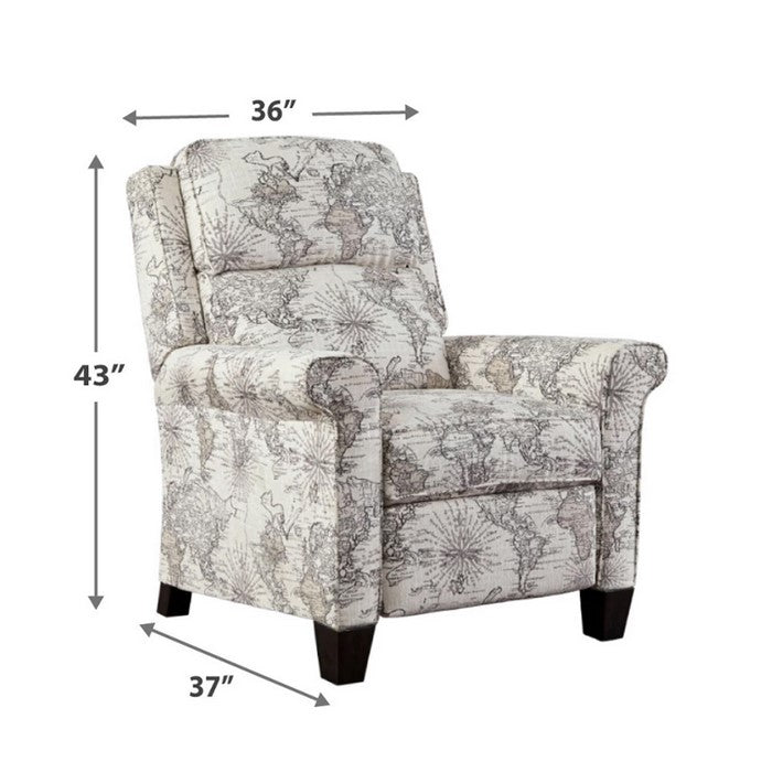 Upholstered Low Leg Power Recliner with World Map Print, White and Gray