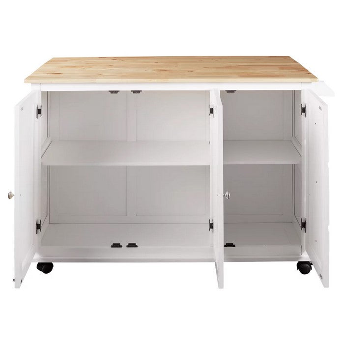 Wooden Kitchen Cart with 3 Doors and 2 Adjustable Shelves, White and Brown