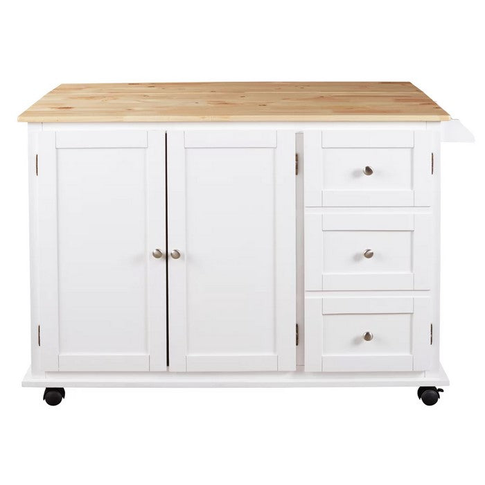 Wooden Kitchen Cart with 3 Doors and 2 Adjustable Shelves, White and Brown
