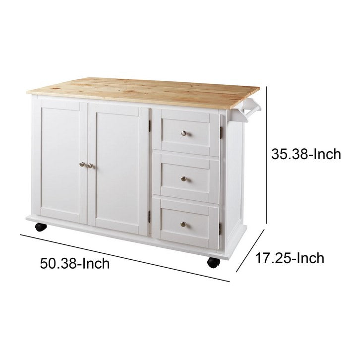 Wooden Kitchen Cart with 3 Doors and 2 Adjustable Shelves, White and Brown