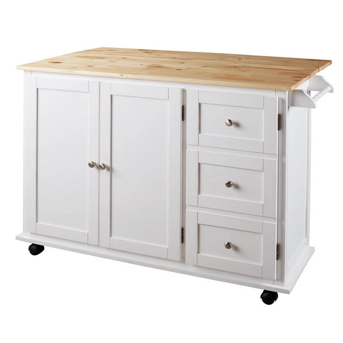 Wooden Kitchen Cart with 3 Doors and 2 Adjustable Shelves, White and Brown