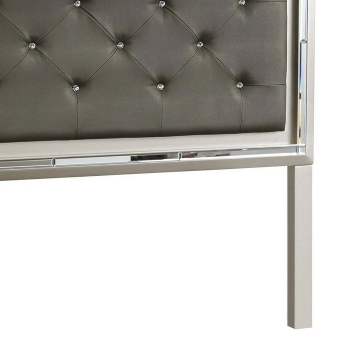 Crystal Tufted Leatherette Full Panel Headboard, Gray and Silver