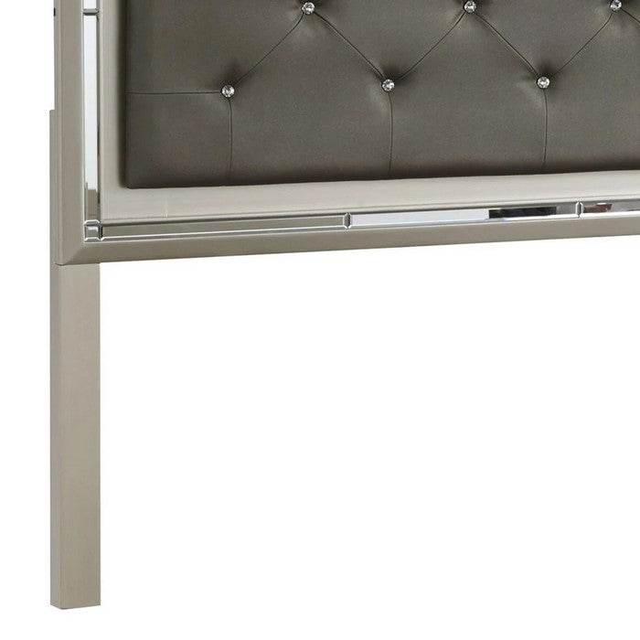 Crystal Tufted Leatherette Full Panel Headboard, Gray and Silver