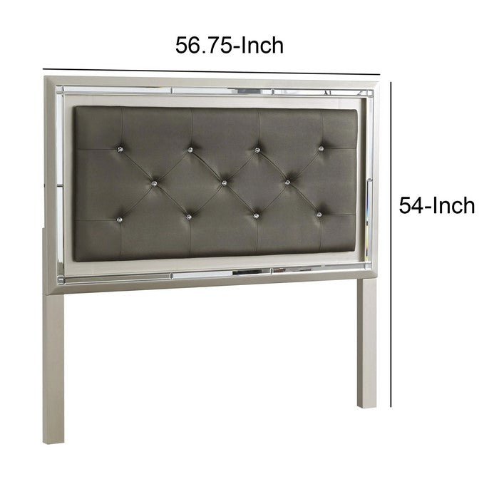 Crystal Tufted Leatherette Full Panel Headboard, Gray and Silver