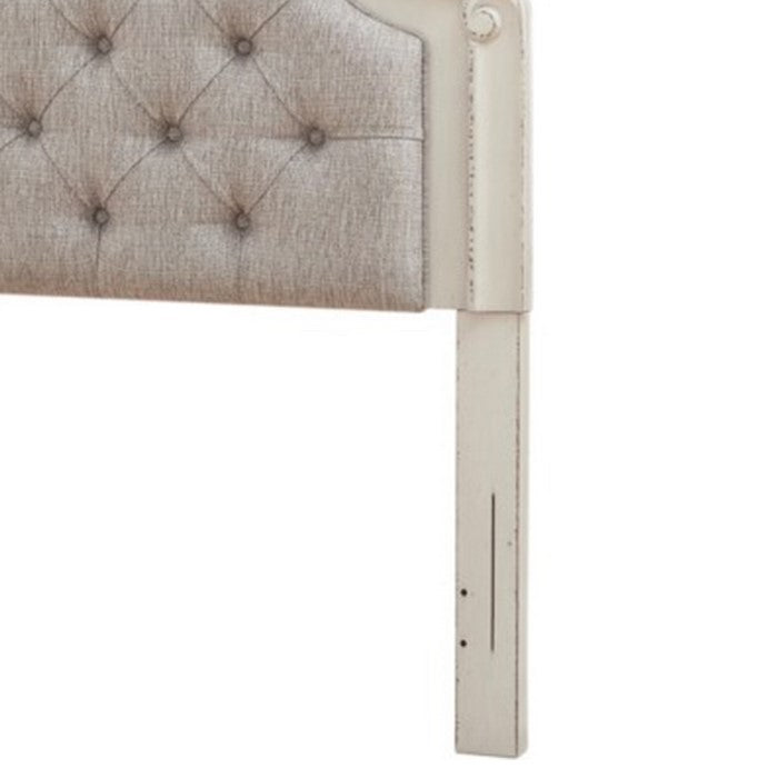 Ornate Queen Panel Headboard with Button Tufting, Beige and Antique White