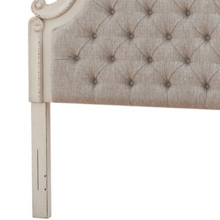 Ornate Queen Panel Headboard with Button Tufting, Beige and Antique White