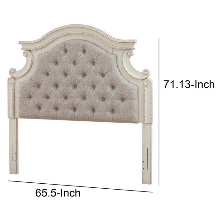Ornate Queen Panel Headboard with Button Tufting, Beige and Antique White