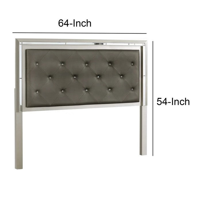 Crystal Tufted Leatherette Queen Panel Headboard, Gray and Silver