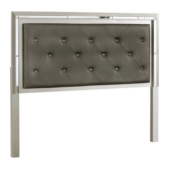 Crystal Tufted Leatherette Queen Panel Headboard, Gray and Silver