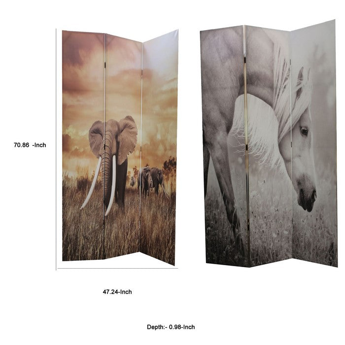 Wooden 3 Panel Double Sided Room Divider with Animal Print, Multicolor