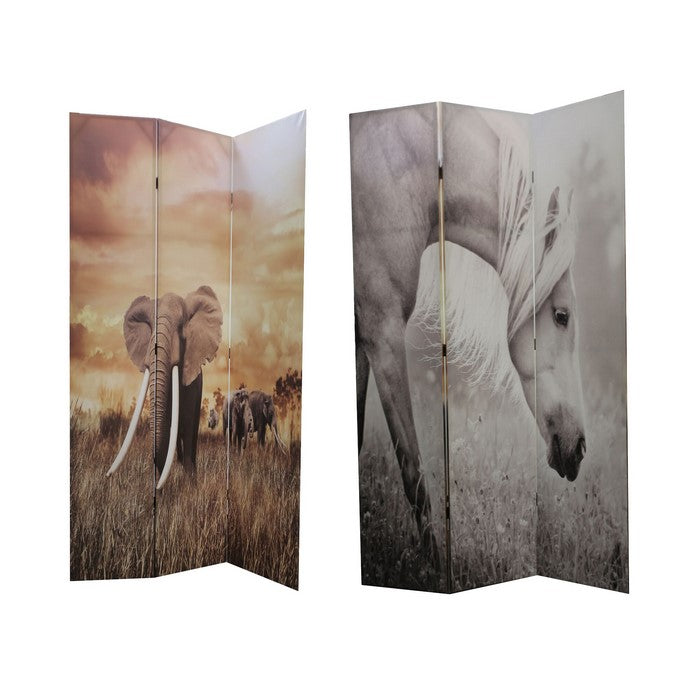 Wooden 3 Panel Double Sided Room Divider with Animal Print, Multicolor