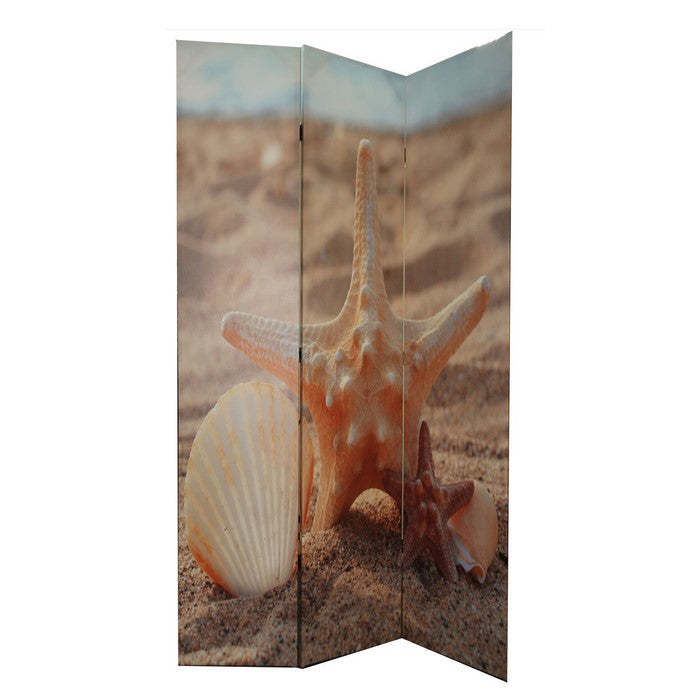 3 Panel Double Sided Room Divider with Beach Theme Print, Multicolor