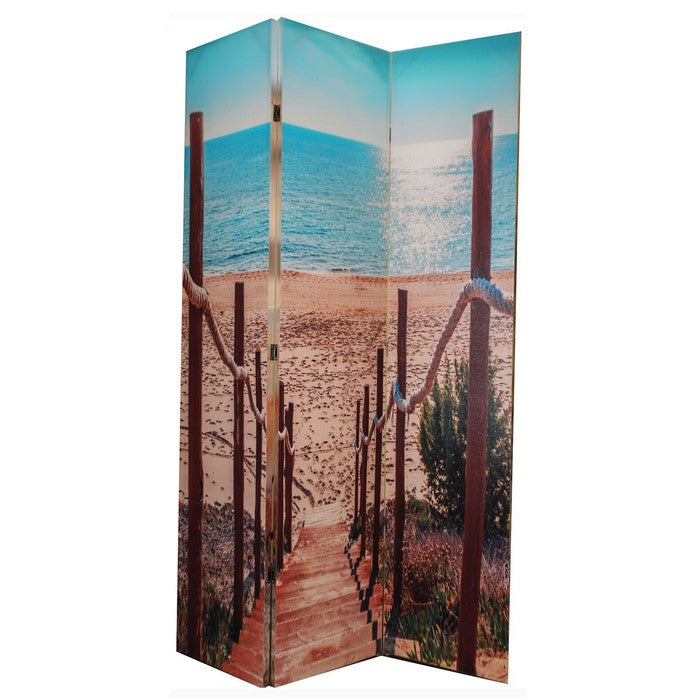 3 Panel Double Sided Room Divider with Beach Theme Print, Multicolor