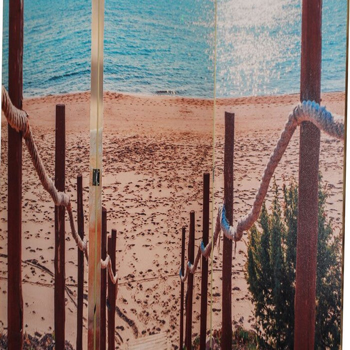 3 Panel Double Sided Room Divider with Beach Theme Print, Multicolor