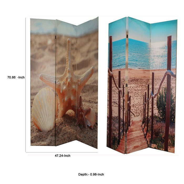 3 Panel Double Sided Room Divider with Beach Theme Print, Multicolor