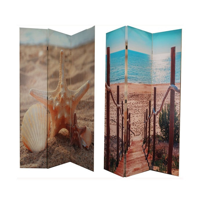 3 Panel Double Sided Room Divider with Beach Theme Print, Multicolor
