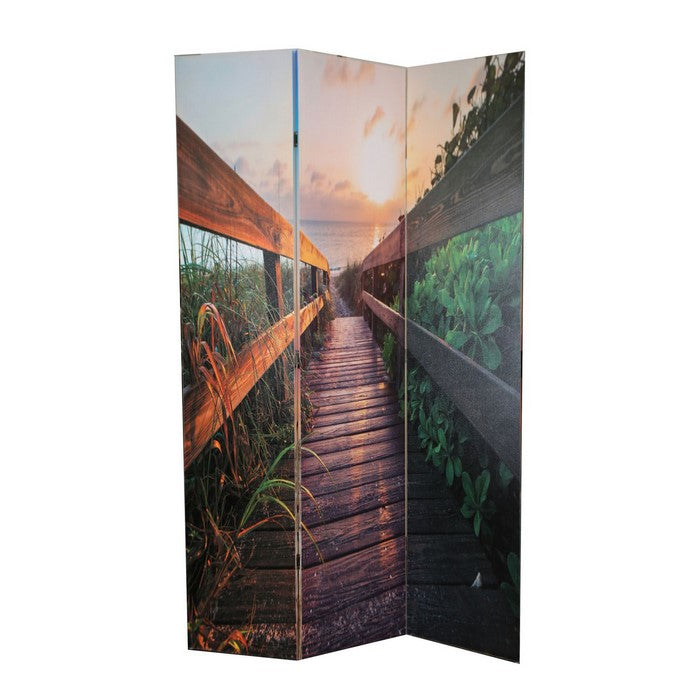 Wooden 3 Panel Room Divider with Beach Theme Print, Multicolor