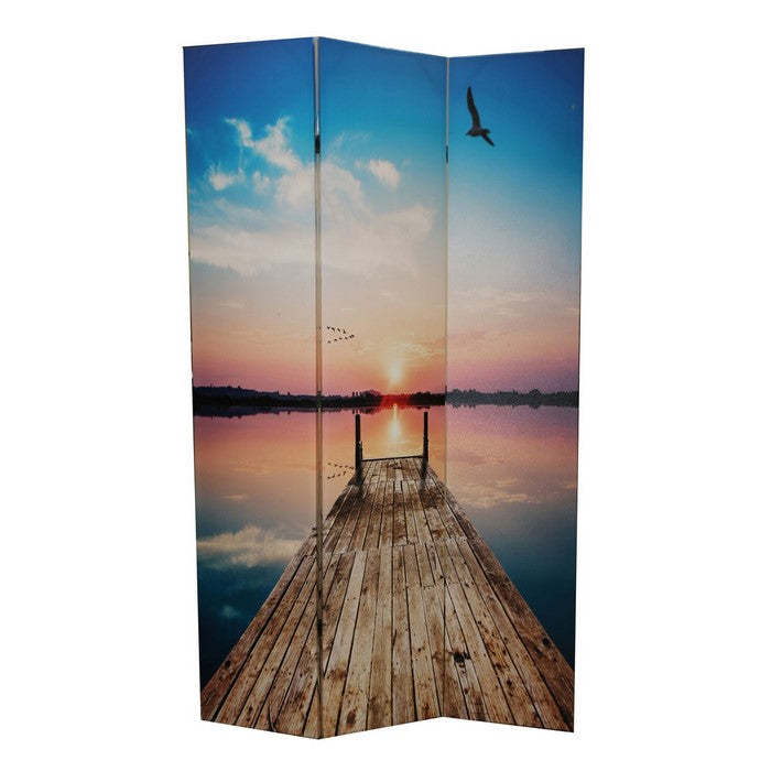 Wooden 3 Panel Room Divider with Beach Theme Print, Multicolor