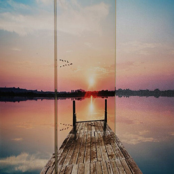 Wooden 3 Panel Room Divider with Beach Theme Print, Multicolor