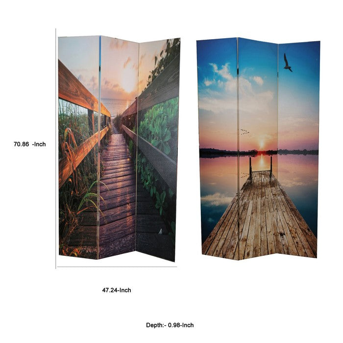 Wooden 3 Panel Room Divider with Beach Theme Print, Multicolor
